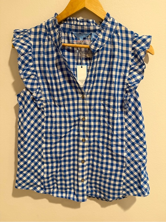 Draper James Tops - NWT Draper James Blue White Gingham Ruffle Sleeve Button Front Blouse Medium